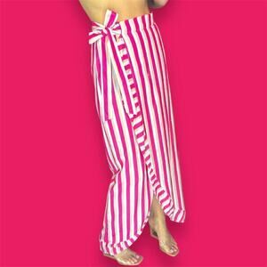 Pink Striped Ruffle Trim Tie Side Wrap Hem Skirt